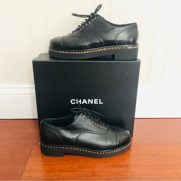 Chanel 20K crumpled Lambskin Cap toe Lace up Chain Around shoes black Eu 39.5 - Picture 3 of 16